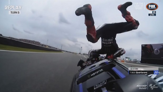 Fabio Quartararo is kicked off his bike in his second crash of the afternoon at the Dutch TT MotoGP race in Assen. 