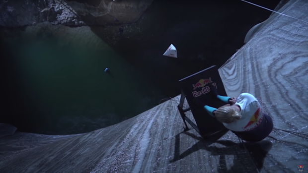 Rhiannan Iffland before a cliff dive in an underground salt mine in Romania.