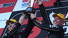 Matthew Payne driver of the #100 Penrite Racing Ford Mustang GT celebrates with co driver Garth Tander after they won the 2025 Bathurst 1000 which is part of the 2025 Supercars Championship at Mount Panorama.
