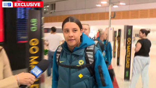 Sam Kerr speaks to a 9News reporter at Sydney Airport ahead of the Matildas' round of 16 match against Denmark.