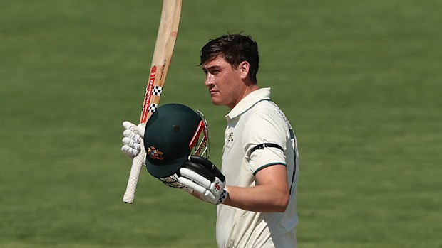 CANBERRA, AUSTRALIA - DECEMBER 08:  Matthew Renshaw of the Prime Ministers XI celebrates and acknowledges the crowd after scoring a century during day three of the Tour Match between PM's XI and Pakistan at Manuka Oval on December 08, 2023 in Canberra, Australia. (Photo by Mark Metcalfe/Getty Images)