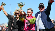Robbie Dolan, Sheila Laxon and John Symons celebrate the 2024 Melbourne Cup. 
