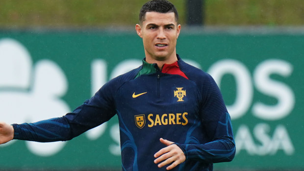 OEIRAS, PORTUGAL - NOVEMBER 15: Cristiano Ronaldo of Portugal in action during the Portugal Training and Press Conference at Cidade do Futebol FPF on November 15, 2022 in Oeiras, Portugal.  (Photo by Gualter Fatia/Getty Images)