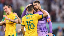 Aziz Behich and Mat Ryan after Australia's loss to Argentina. 