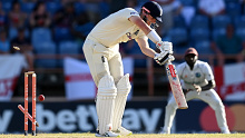 England batter Alex Lees is bowled against the West Indies. 