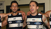 Jimmy Bartel and Joel Selwood in 2018. 