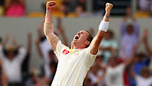 Peter Siddle of Australia celebrates after claiming a hat trick by dismissing Stuart Broad of England during day one of the First Ashes Test match between Australia and England at The Gabba on November 25, 2010 in Brisbane, Australia. (Photo by Ryan Pierse/Getty Images).