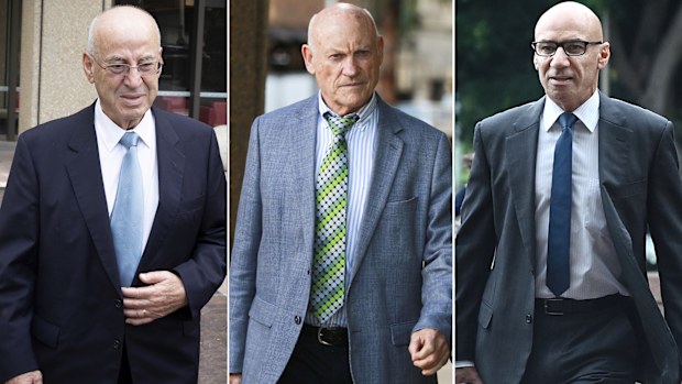 From left: Eddie Obeid, Ian Macdonald, Moses Obeid , all outside Supreme Court , NSW . 