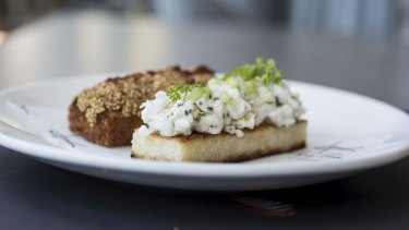 Prawn toast and tangy spanner crab finger sandwich.