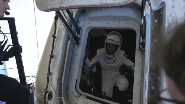 In this image from video provided by SpaceX, Jannicke Mikkelsen exits the Dragon capsule which carried four space tourists after splash down in the Pacific Ocean off the coast of California on Friday, April 4, 2025. (SpaceX via AP)