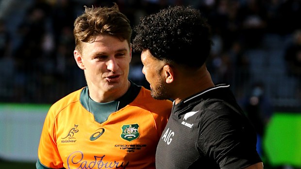 Beauden Barrett and Ardie Savea at Optus Stadium.