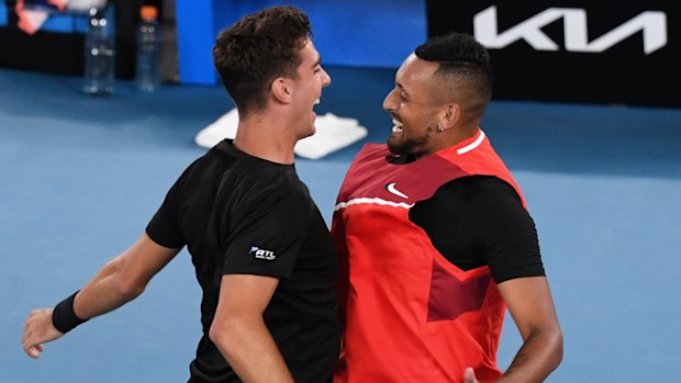Thanasi Kokkinakis of Australia and Nick Kyrgios of Australia celebrate winning their Men's Doubles Final at the 2022 Australian Open at Melbourne Park on January 29, 2022 in Melbourne, Australia. 