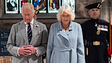 King Charles III and Queen Camilla unveil a memorial stone for Queen Elizabeth II in St Giles Cathedral in Edinburgh, where she was laid at rest before being taken to London, as part of their trip to Scotland for Holyrood Week on July 2, 2025 in Edinburgh, Scotland.