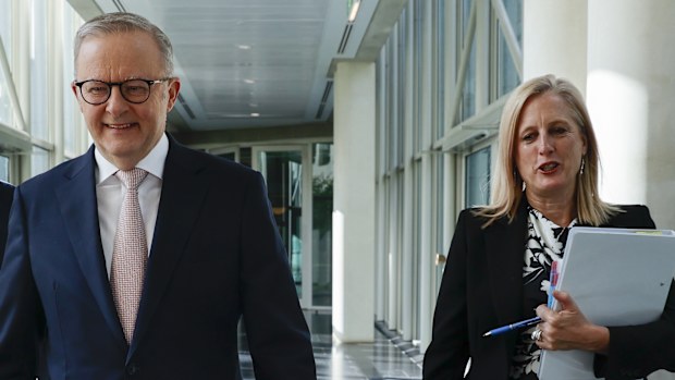 Prime Minister Anthony Albanese, Treasurer Jim Chalmers and Finance Minister Katy Gallagher on budget day at Parliament House in Canberra on March 25, 2025.