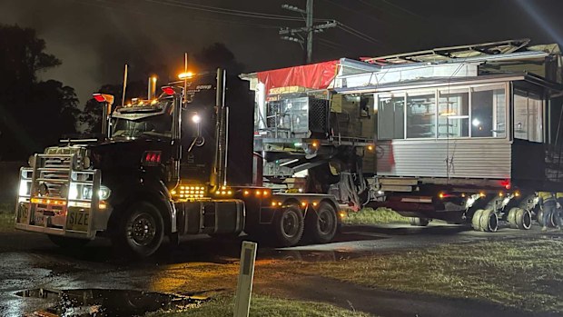 The Kilburns house pictured on the move during its four-hour journey. 