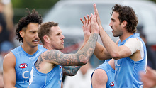 MELBOURNE, AUSTRALIA - FEBRUARY 23: Tim Membrey of the Saints celebrates a goal with teammate Max King during the AFL 2024 Match Simulation between the St Kilda Saints and Essendon Bombers at RSEA Park on February 23, 2024 in Melbourne, Australia. (Photo by Dylan Burns/AFL Photos via Getty Images)
