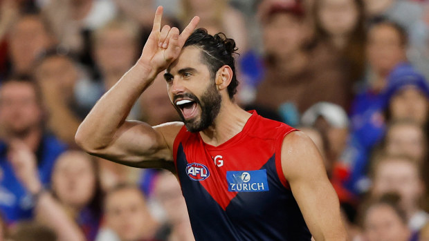 MELBOURNE, AUSTRALIA - MARCH 18: Brodie Grundy of the Demons celebrates a goal during the 2023 AFL Round 01 match between the Melbourne Demons and the Western Bulldogs at the Melbourne Cricket Ground on March 18, 2023 In Melbourne, Australia. (Photo by Dylan Burns/AFL Photos)