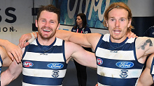 GEELONG, AUSTRALIA - JUNE 28: Jordan Clark, Gary Ablett, Patrick Dangerfield and Tom Stewart of the Cats sing the song in the rooms after winning  the round 15 AFL match between the Geelong Cats and the Adelaide Crows at GMHBA Stadium on June 28, 2019 in Geelong, Australia. (Photo by Quinn Rooney/Getty Images)