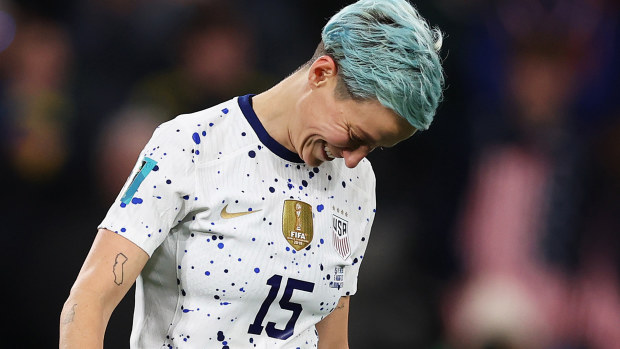 Megan Rapinoe of USA reacts after missing her team's fourth penalty in the penalty shoot out during the FIFA Women's World Cup Australia & New Zealand 2023 Round of 16 match between Sweden and USA at Melbourne Rectangular Stadium on August 06, 2023 in Melbourne / Naarm, Australia. (Photo by Alex Pantling - FIFA/FIFA via Getty Images)