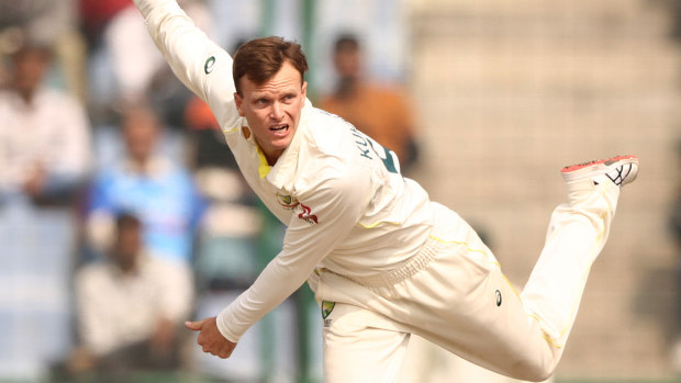 Matthew Kuhnemann of Australia bowls during day three of the Second Test match in the series between India and Australia at Arun Jaitley Stadium on February 19, 2023 in Delhi, India. (Photo by Robert Cianflone/Getty Images)