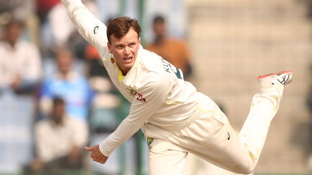 Matthew Kuhnemann of Australia bowls during day three of the Second Test match in the series between India and Australia at Arun Jaitley Stadium on February 19, 2023 in Delhi, India. (Photo by Robert Cianflone/Getty Images)