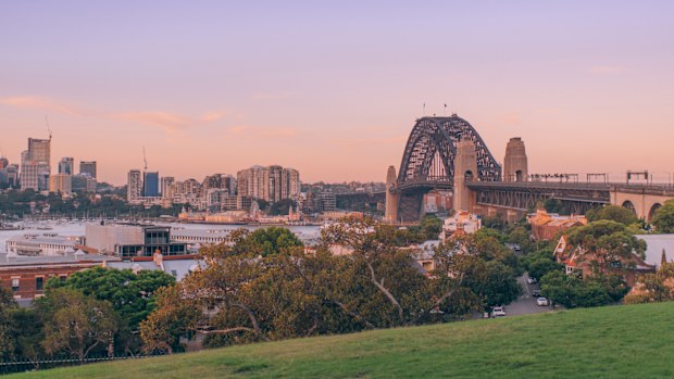 Overlooking the Harbor Bridge and the neighborhood at Observatory Park in Sydney, Australia