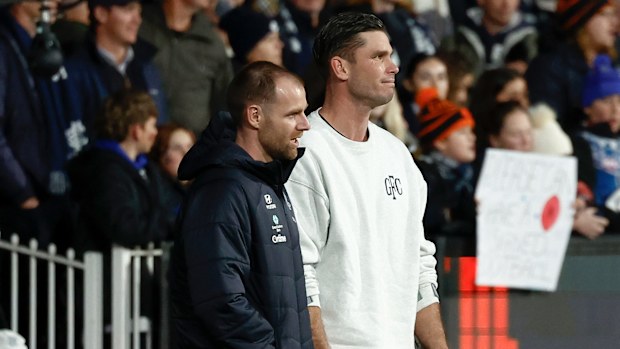 Geelong's Tom Hawkins seen with Carlton's Sam Docherty in round 15, 2024.