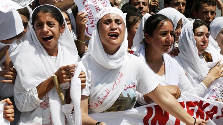 Yazidi Kurdish women protest against Islamic State in Dohuk, Iraq, last year. 