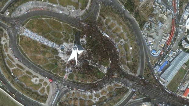 Satellite photo from Maxar Technologies shows Azadi Tower in Tehran, Iran, amid a mass processional for Iranian Gen. Qassem Soleimani, who was killed in a US airstrike in Baghdad.