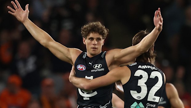 Charlie Curnow celebrates a goal.
