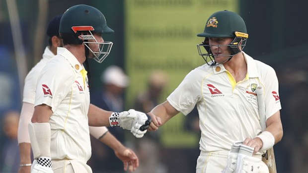 Travis Head of Australia and Marnus Labuschagne of Australia are seen during day two of the Second Test match in the series between India and Australia at Arun Jaitley Stadium on February 18, 2023 in Delhi, India. (Photo by Pankaj Nangia/Getty Images)