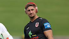 SYDNEY, AUSTRALIA - MARCH 23: Kyle Flanagan (L) and Zac Lomax of the Dragons inspect the field ahead of the round three NRL match between St George Illawarra Dragons and North Queensland Cowboys at Netstrata Jubilee Stadium on March 23, 2024 in Sydney, Australia. (Photo by Jason McCawley/Getty Images)