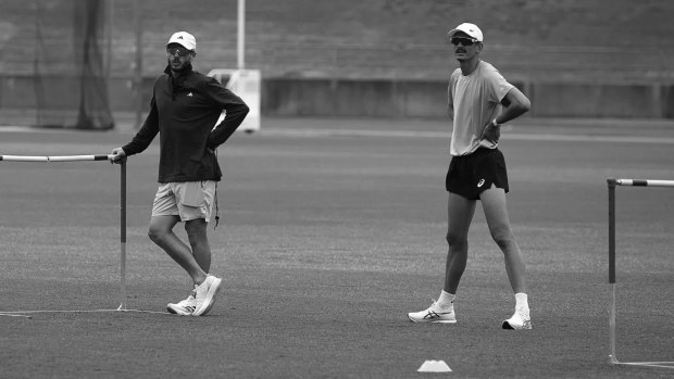 Alex Stewart (left) and Brandon Starc at a training session.