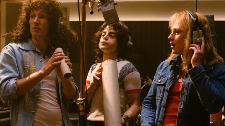 Brian May (Gwilym Lee); Freddie Mercury (Rami Malek) and Roger Taylor (Ben Hardy) in Bohemian Rhapsody.
