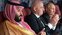 MOSCOW, RUSSIA - JUNE 14:  Asian Football Confederation President Sheikh Salman bin Ibrahim al Khalifa, Saudi Arabia's Crown Prince Mohammed Bin Salman Al Saud, FIFA President Gianni Infantino, and Russia's President Vladimir Putin (L-R) during the opening ceremony prior to the 2018 FIFA World Cup Russia Group A match between Russia and Saudi Arabia at Luzhniki Stadium on June 14, 2018 in Moscow, Russia.  (Photo by Pool/Getty Images)