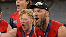 Clayton Oliver and Max Gawn of the Demons celebrate after the 2021 premiership. 