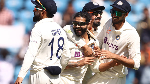 NAGPUR, INDIA - FEBRUARY 09: Ravindra Jadeja of India celebrates taking the wicket of Steve Smith of Australia during day one of the First Test match in the series between India and Australia at Vidarbha Cricket Association Ground on February 09, 2023 in Nagpur, India. (Photo by Robert Cianflone/Getty Images)