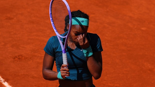 Coco Gauff of the US reacts against Sorana Cirstea during the Madrid Open.