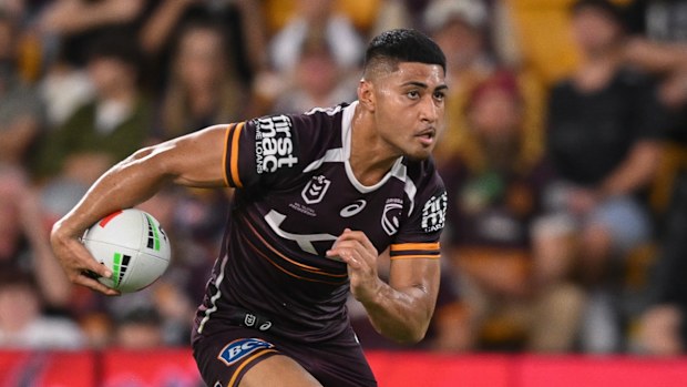 Josiah Karapani in action for the Brisbane Broncos against the Penrith Panthers in round one.