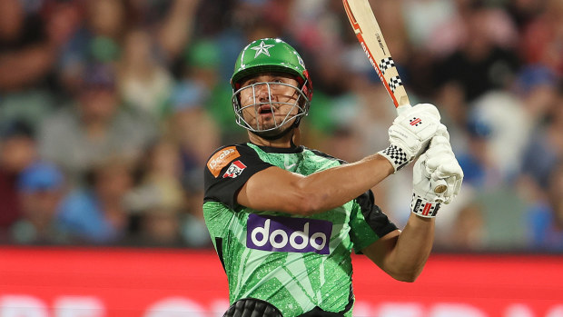 ADELAIDE, AUSTRALIA - DECEMBER 31: Marcus Stoinis of the Stars hits 6 runs during the BBL match between Adelaide Strikers and Melbourne Stars at Adelaide Oval, on December 31, 2023, in Adelaide, Australia. (Photo by Sarah Reed/Getty Images)