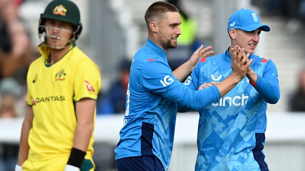 Will Jacks of England (middle) celebrates with Harry Brook after dismissing Marnus Labuschagne of Australia.