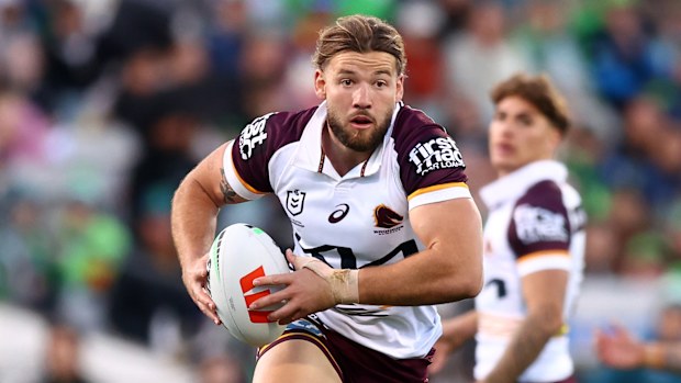 CANBERRA, AUSTRALIA - SEPTEMBER 14: Patrick Carrigan of the Broncos in action during the NRL Qualifying Final match between Canberra Raiders and Brisbane Broncos at GIO Stadium, on September 14, 2025, in Canberra, Australia. (Photo by Mark Nolan/Getty Images)