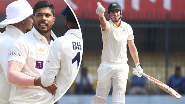 Indian bowler Umesh Yadav celebrates the wicket of Australia's Cameron Green in Indore.