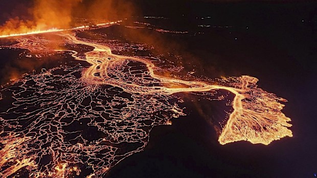 A volcano in southwestern Iceland erupted Thursday, Aug. 22, 2024, for the sixth time since December, spewing red lava through a new fissure on the Reykjanes Peninsula.( Iceland Civil Defense via AP)