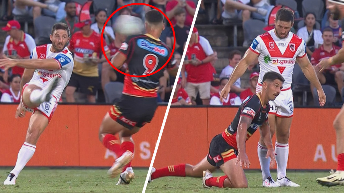 NRL news 2024 Jeremy MarshallKing falcon off Ben Hunt kick, video, Dolphins v Dragons highlights
