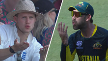 Glenn Maxwell used wrestling icon John Cena's classic 'you can't see me' wave to a group of English fans after taking the catch to remove Jonny Bairstow in the T20 World Cup match between Australia and England.