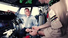 Nine's national affairs editor Andrew Probyn in the cockpit with Squadron Leader "H".