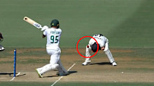 Clyde Fortuin fires the ball into Tom Latham's knee before bouncing into the air and being caught by Tom Blundell.