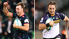 Darby Lancaster (left) of the Melbourne Rebels and Corey Toole of the Brumbies.
