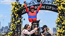 Verry Elleegant and James McDonald after winning the Melbourne Cup. 